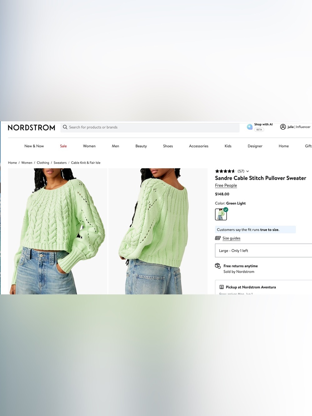 NWT Free People Sandra Cable Stitch Pullover Sweater - Picture 8 of 9